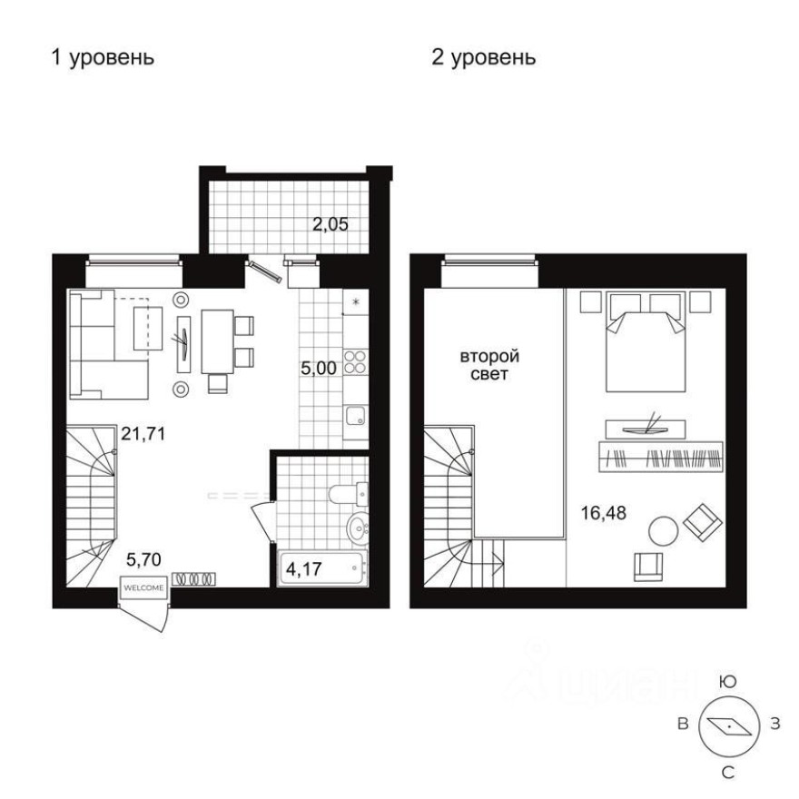 2к. квартира, 44.8 м²