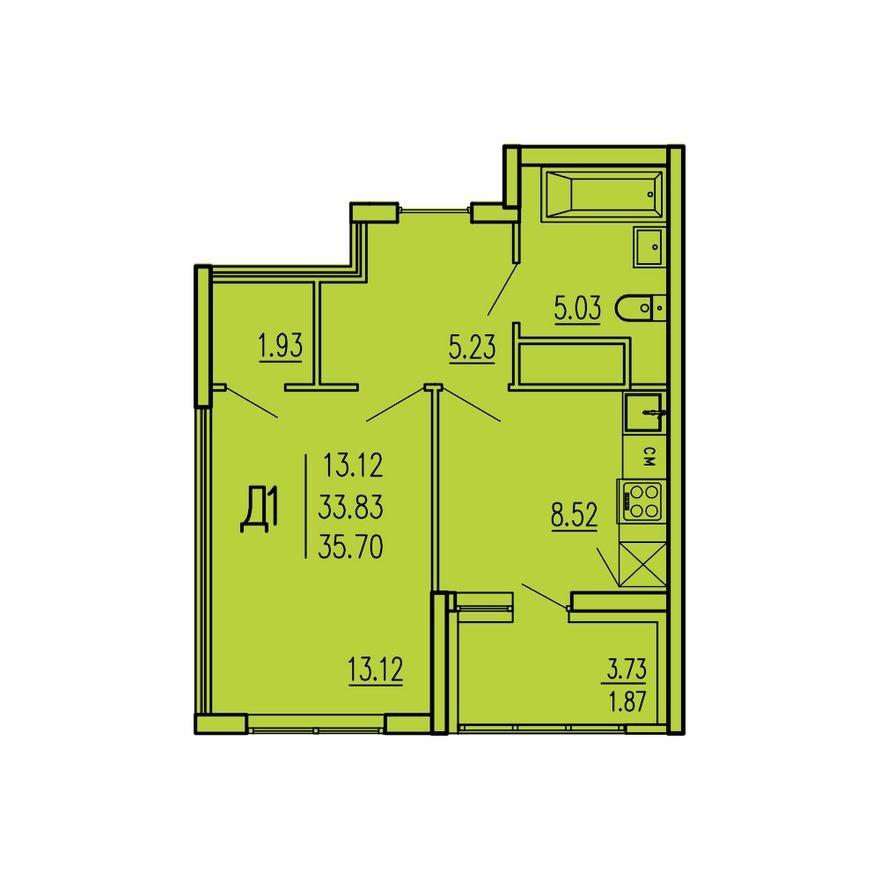 1к. квартира, 35.7 м²