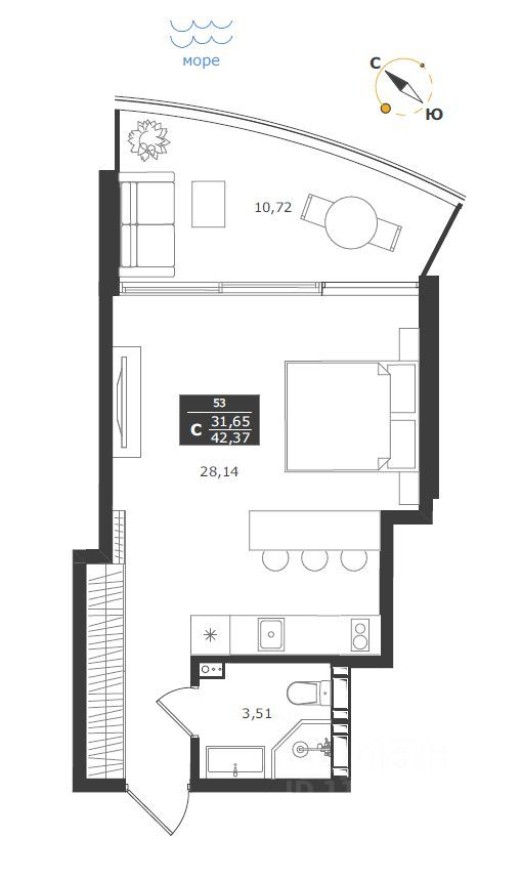 Студия-апартаменты, 42.4 м²