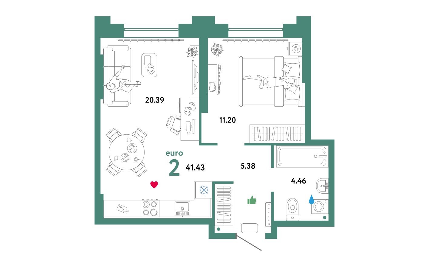2е квартира, 41.8 м²