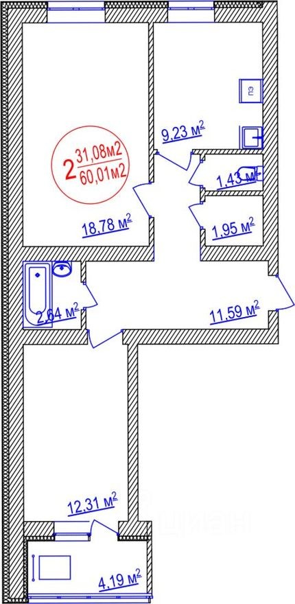 2к. квартира, 60.0 м²