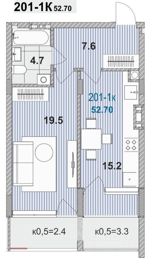 1к. квартира, 52.7 м²