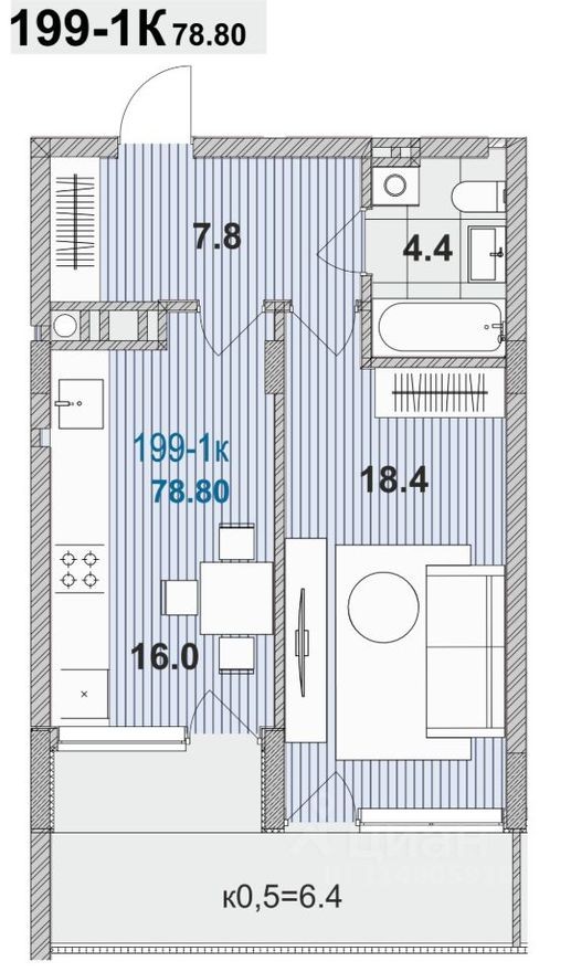 1к. квартира, 53.3 м²