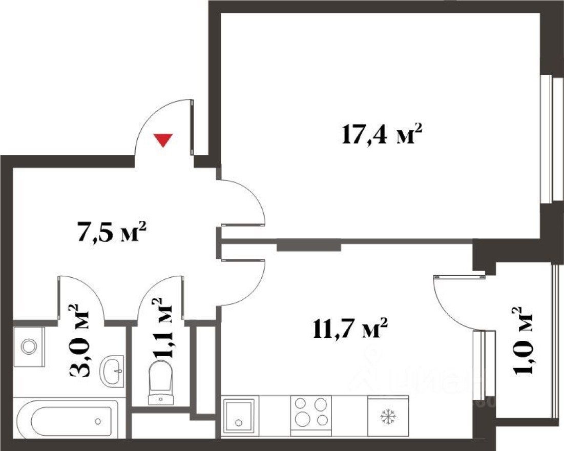 1к. квартира, 40.7 м²