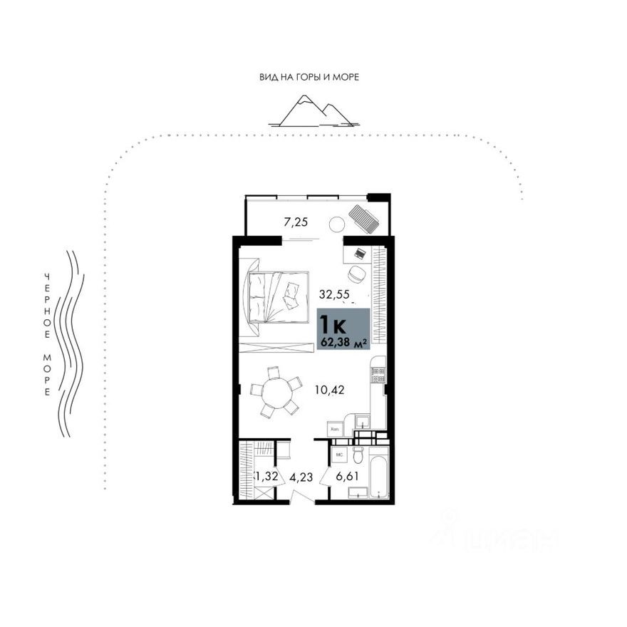 1к. апартаменты, 62.4 м²