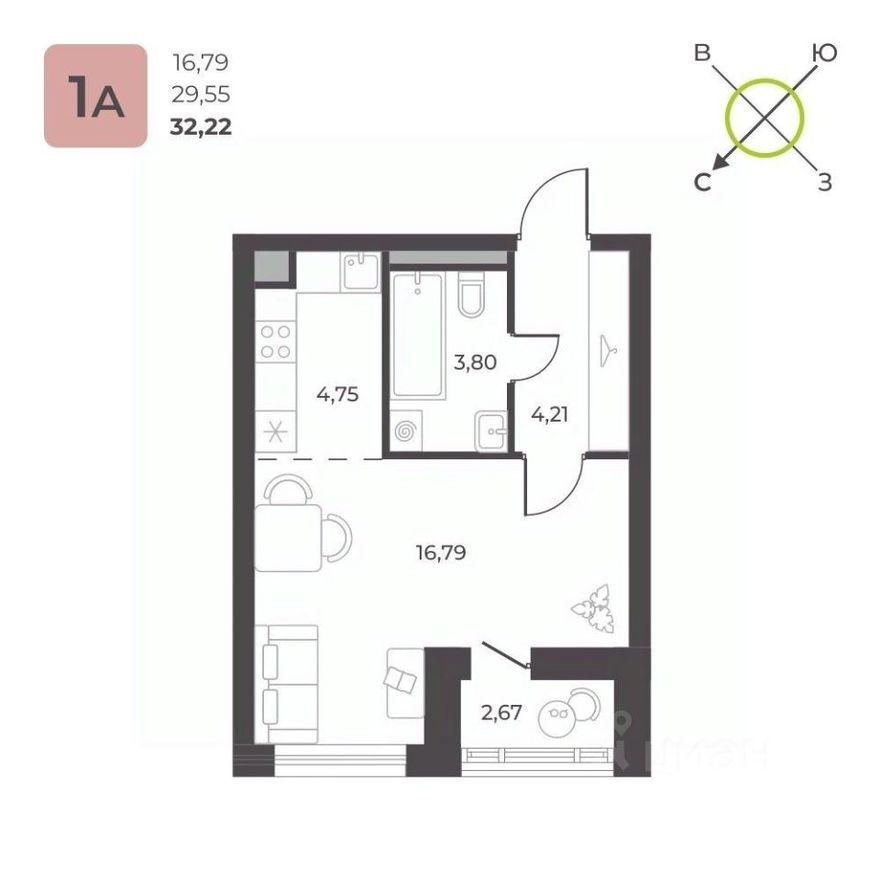 1к. квартира, 32.2 м²