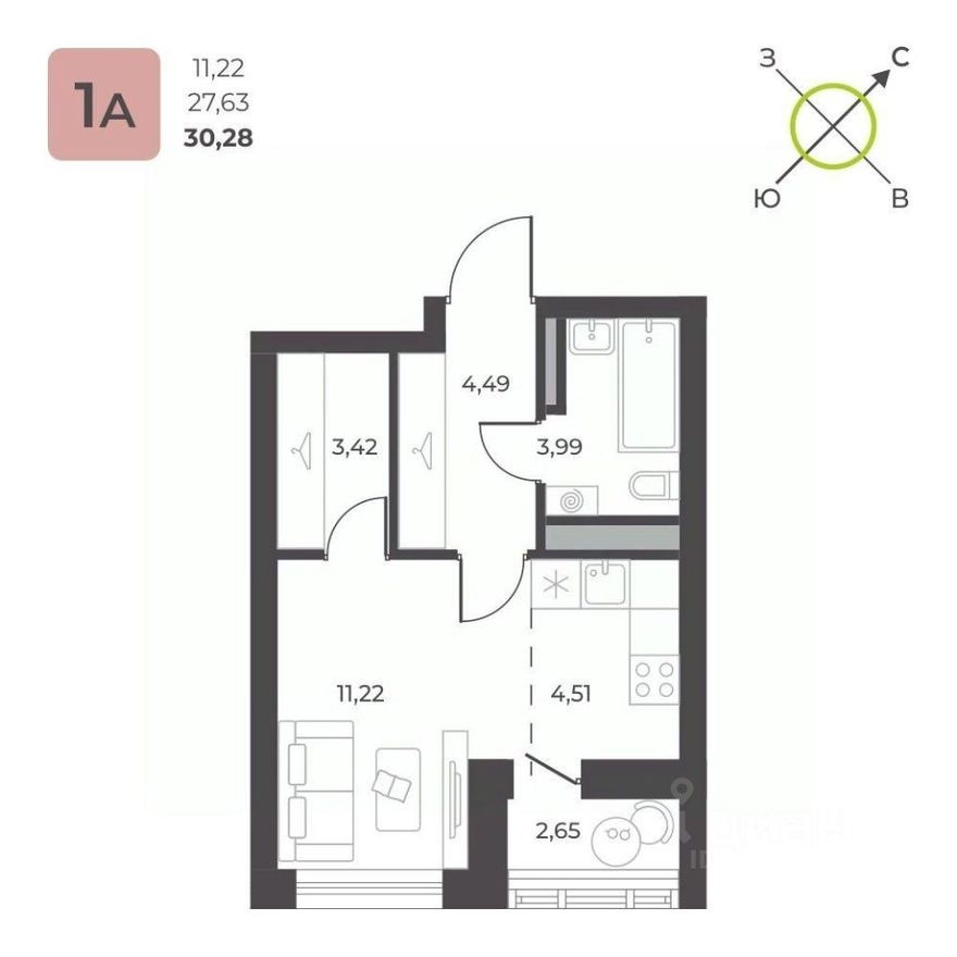 1к. квартира, 30.3 м²