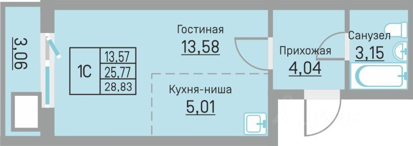 1к. квартира, 28.8 м²