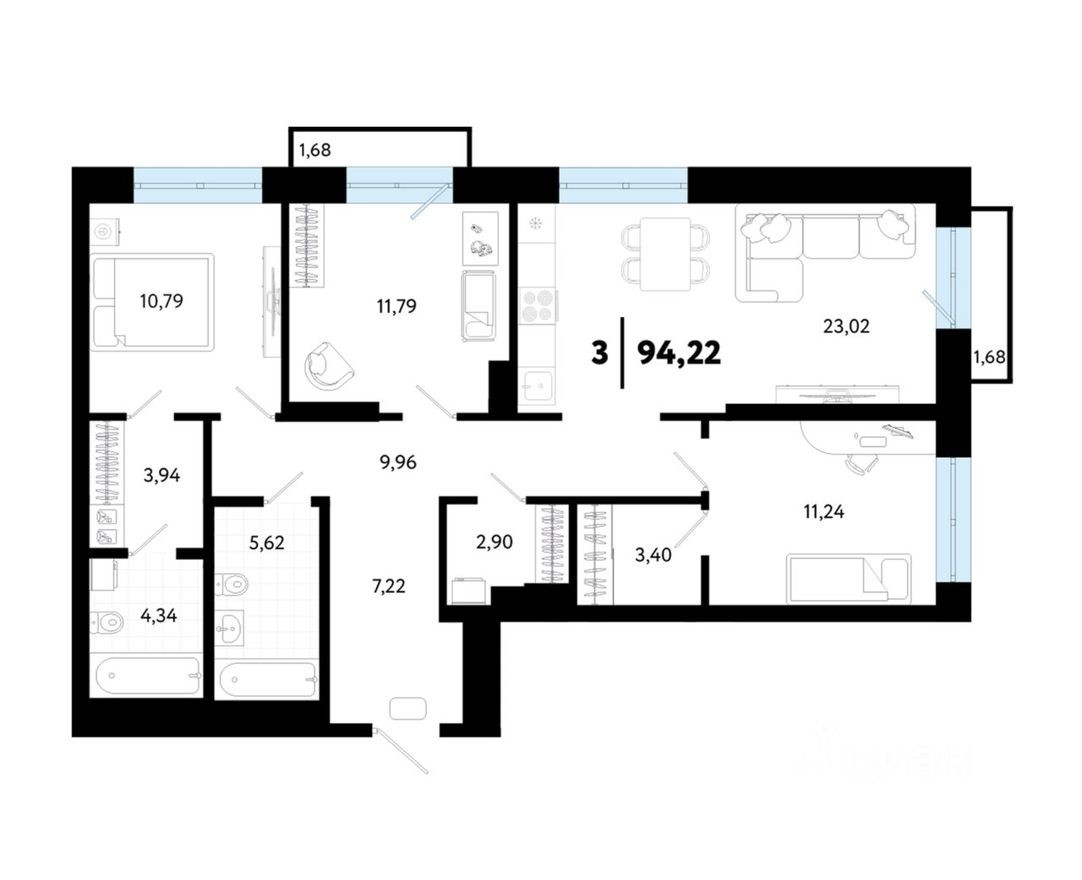 3к. квартира, 94.2 м²