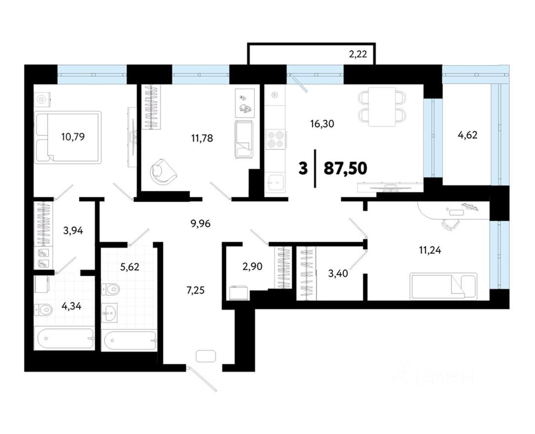 3к. квартира, 87.5 м²