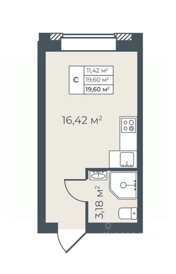 1к. квартира, 19.6 м²