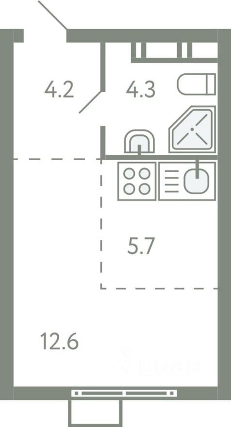 1к. квартира, 26.4 м²