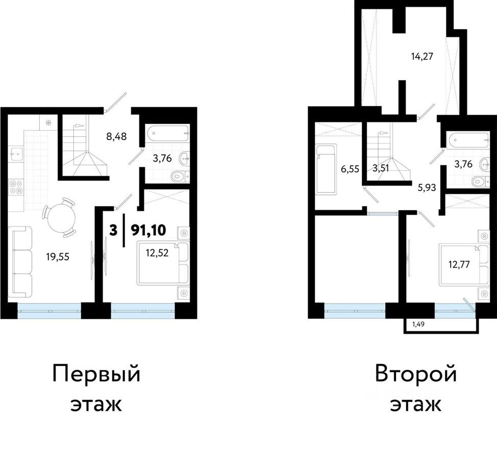 3к. квартира, 91.1 м²