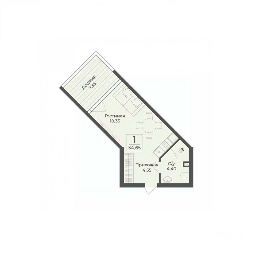 Студия-апартаменты, 34.7 м²