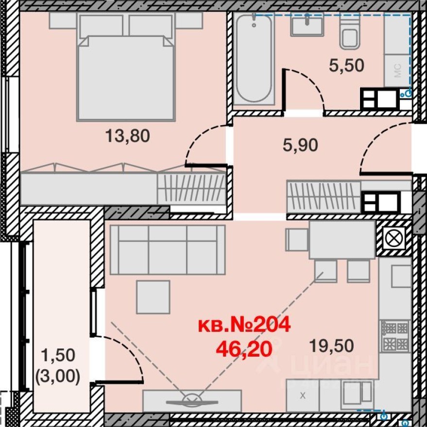 1к. квартира, 46.2 м²