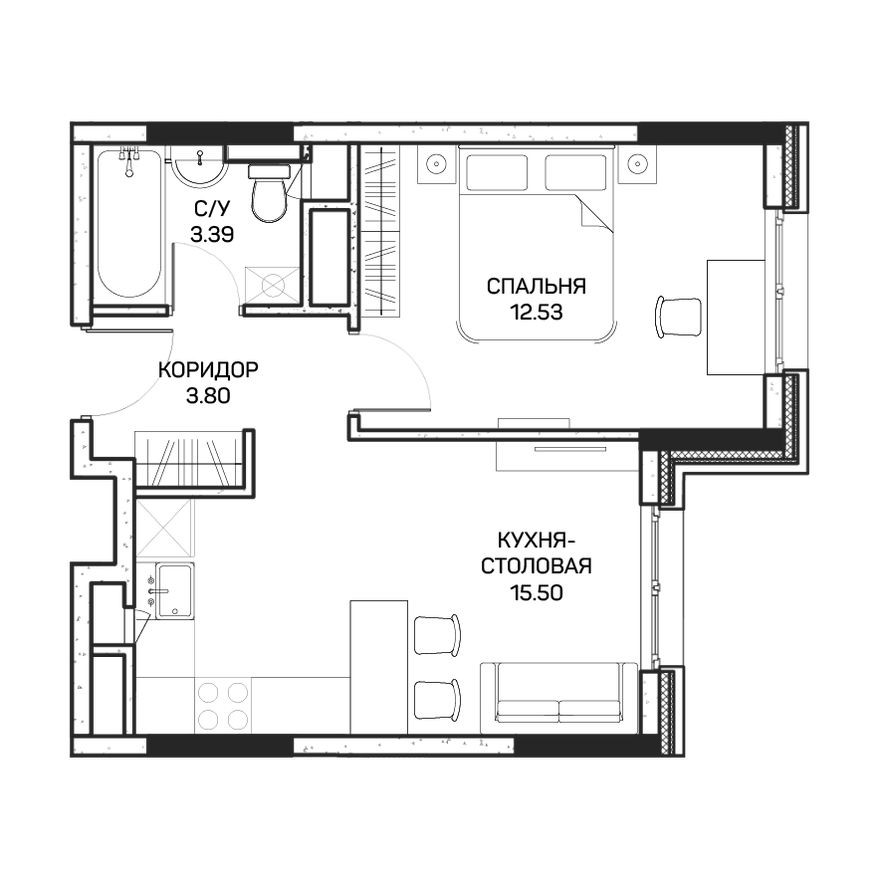 1к. апартаменты, 35.5 м²