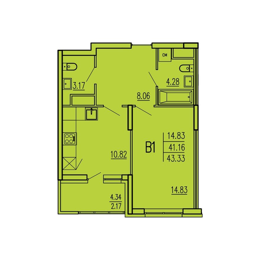 1к. квартира, 43.3 м²