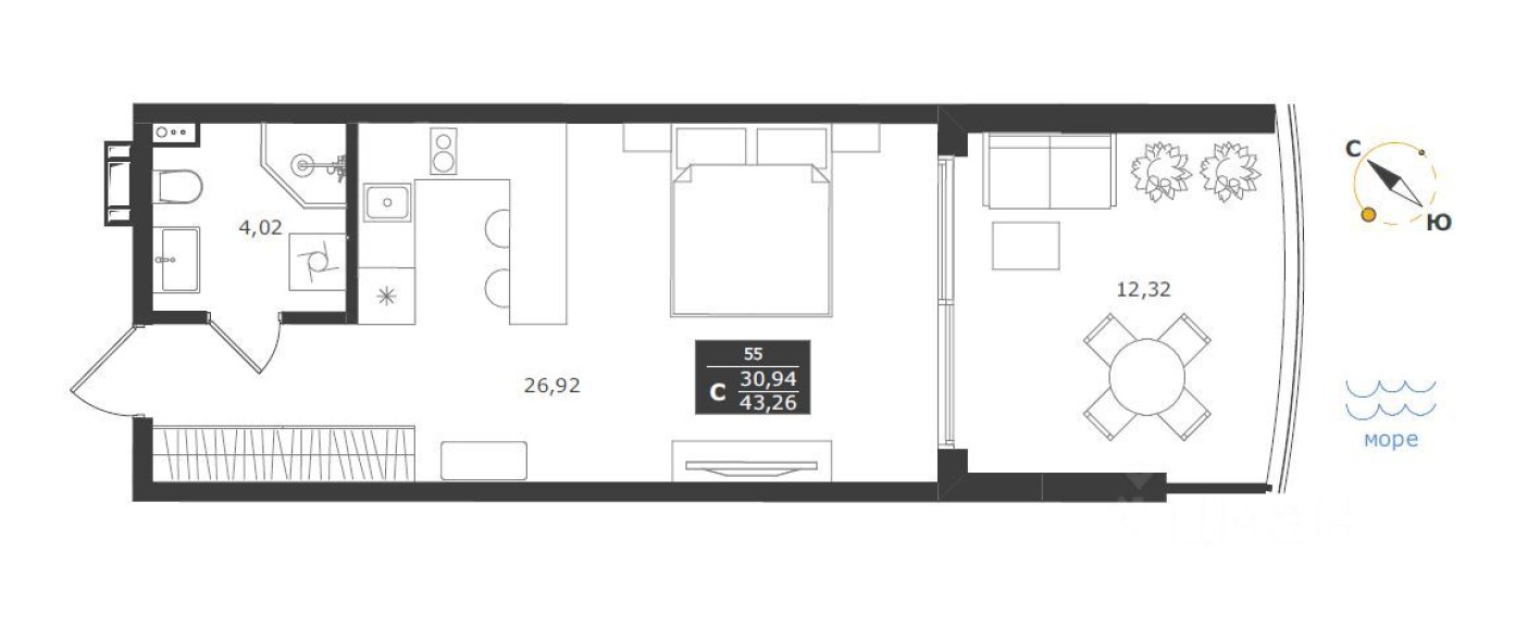 Студия-апартаменты, 43.3 м²