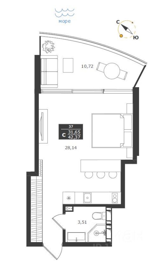 Студия-апартаменты, 42.4 м²