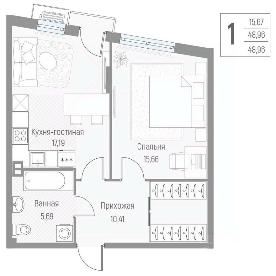1к. квартира, 49.0 м²