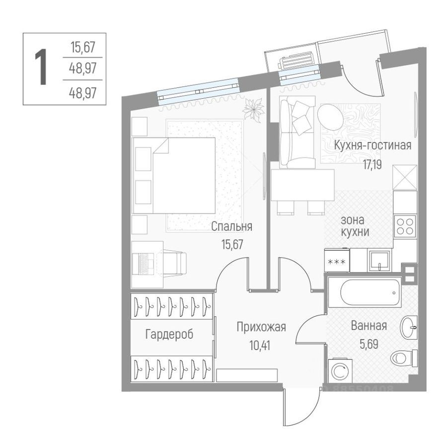 1к. квартира, 49.1 м²