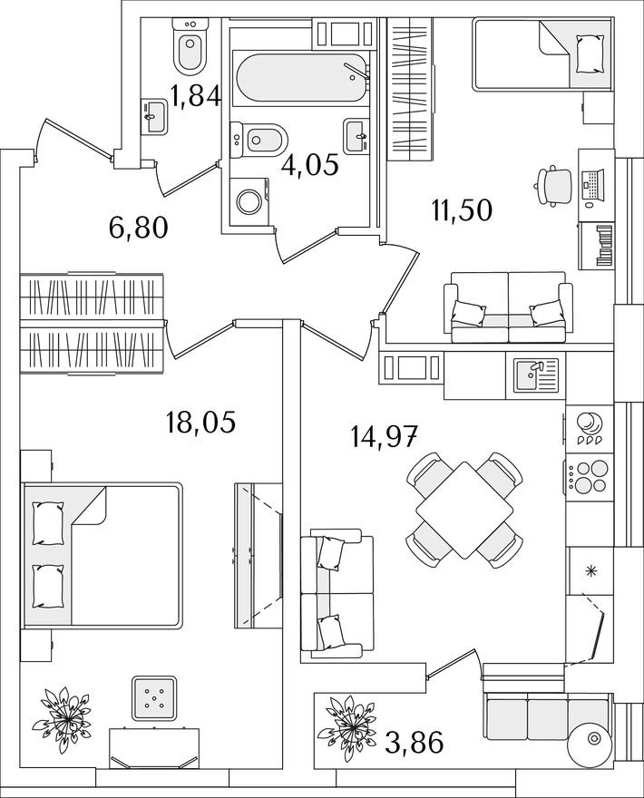 2к. квартира, 59.0 м²