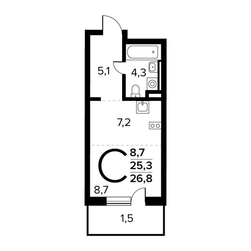 Студия-квартира, 26.8 м²