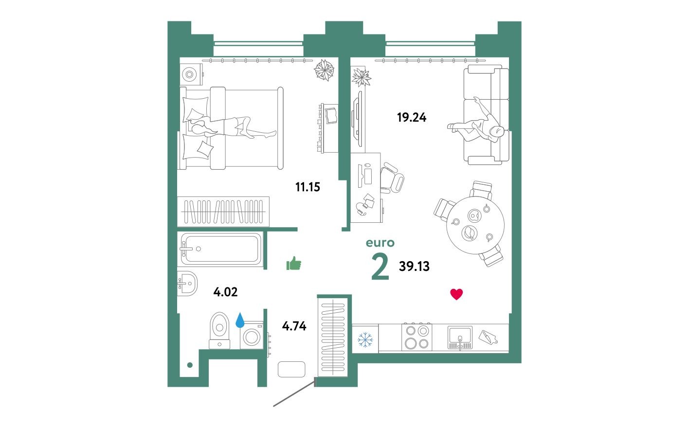 2е квартира, 39.5 м²