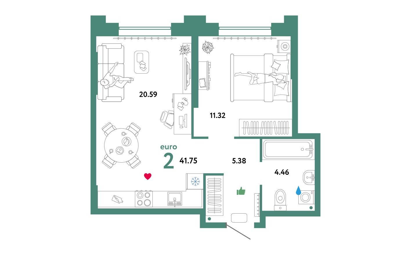 2е квартира, 41.8 м²
