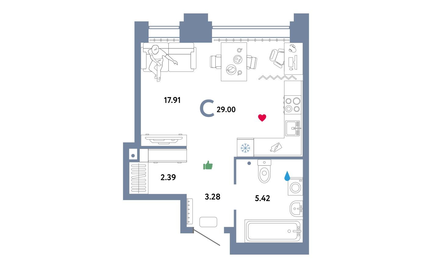 Студия-квартира, 29.0 м²