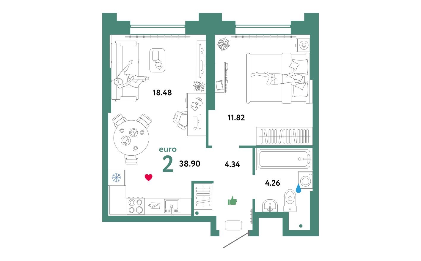 2е квартира, 39.3 м²
