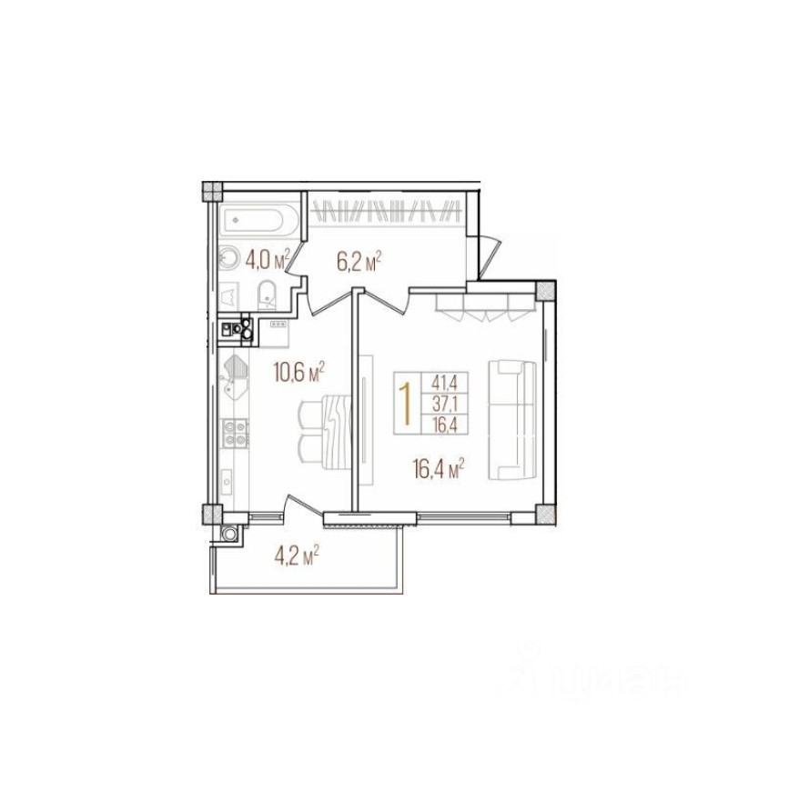 1к. квартира, 41.0 м²