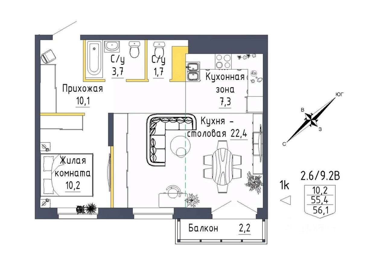 2к. квартира, 56.2 м²