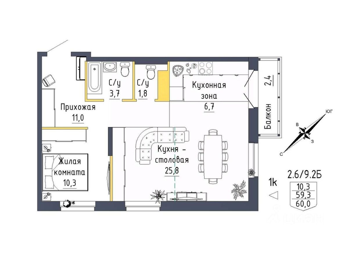 2к. квартира, 60.0 м²