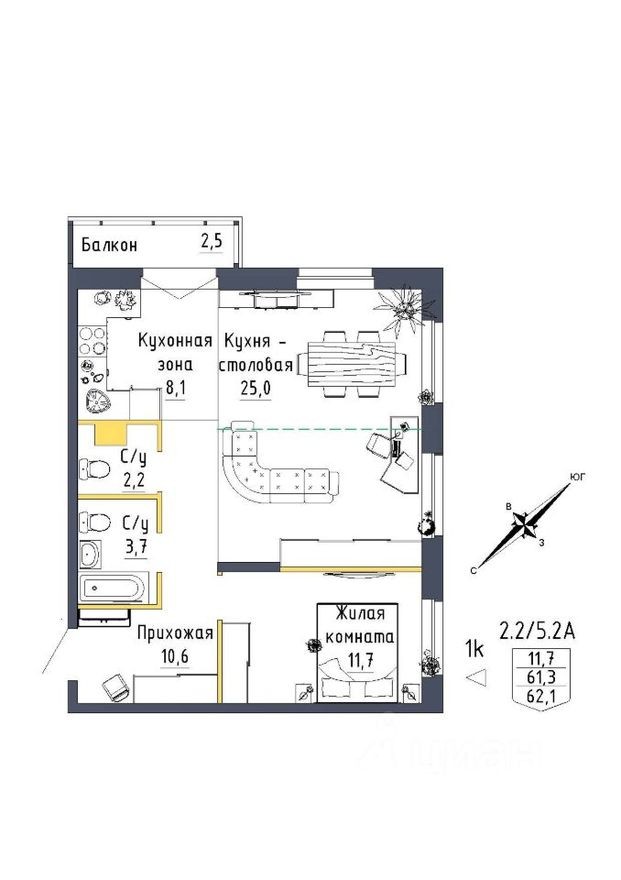 2к. квартира, 62.1 м²