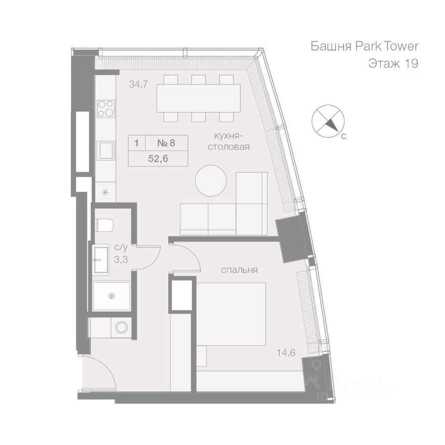 1к. квартира, 52.6 м²