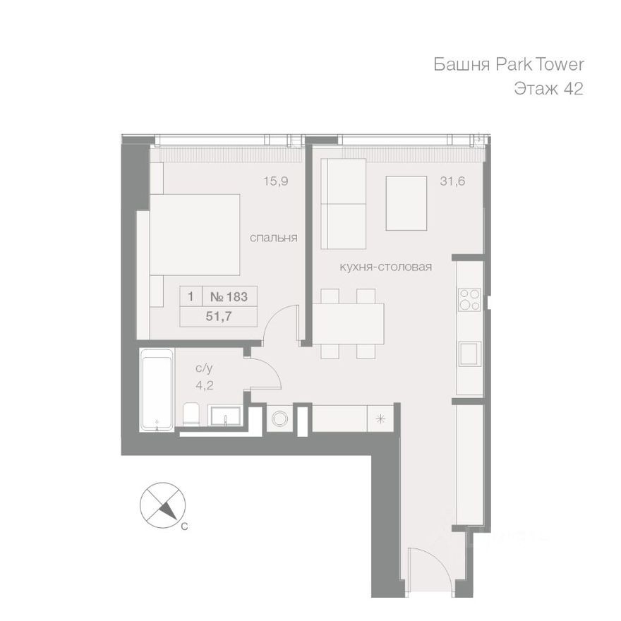1к. квартира, 51.7 м²