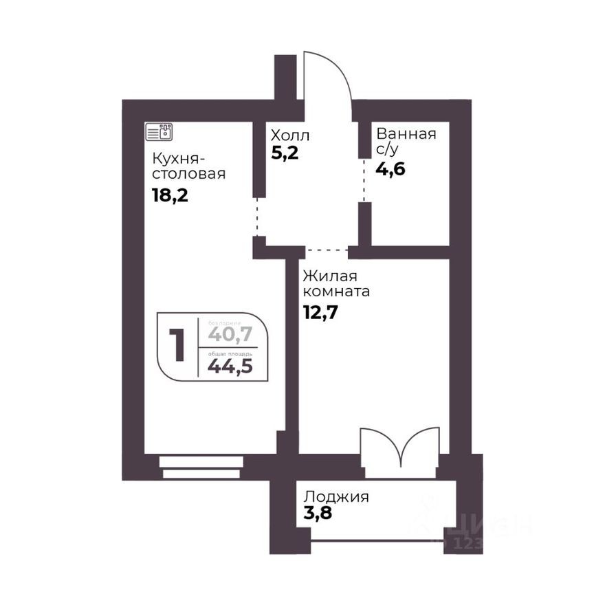 1к. квартира, 40.7 м²