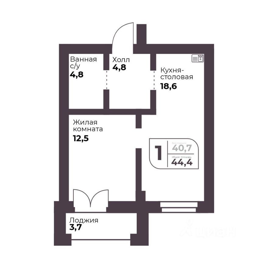 1к. квартира, 40.7 м²