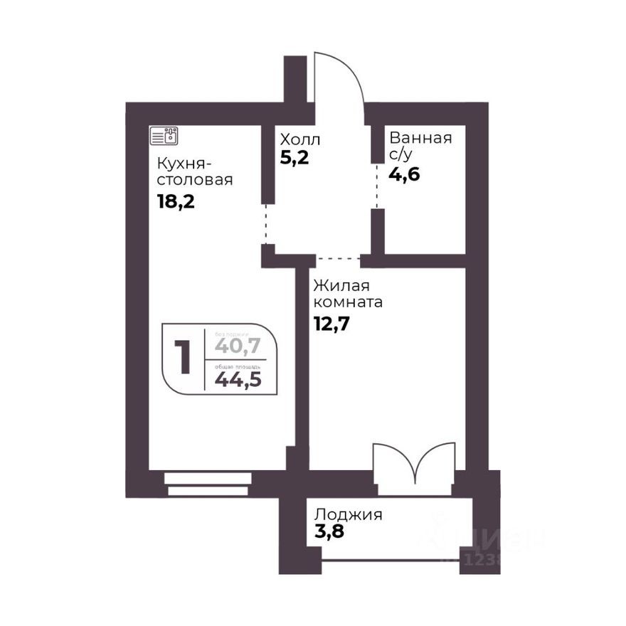 1к. квартира, 40.7 м²