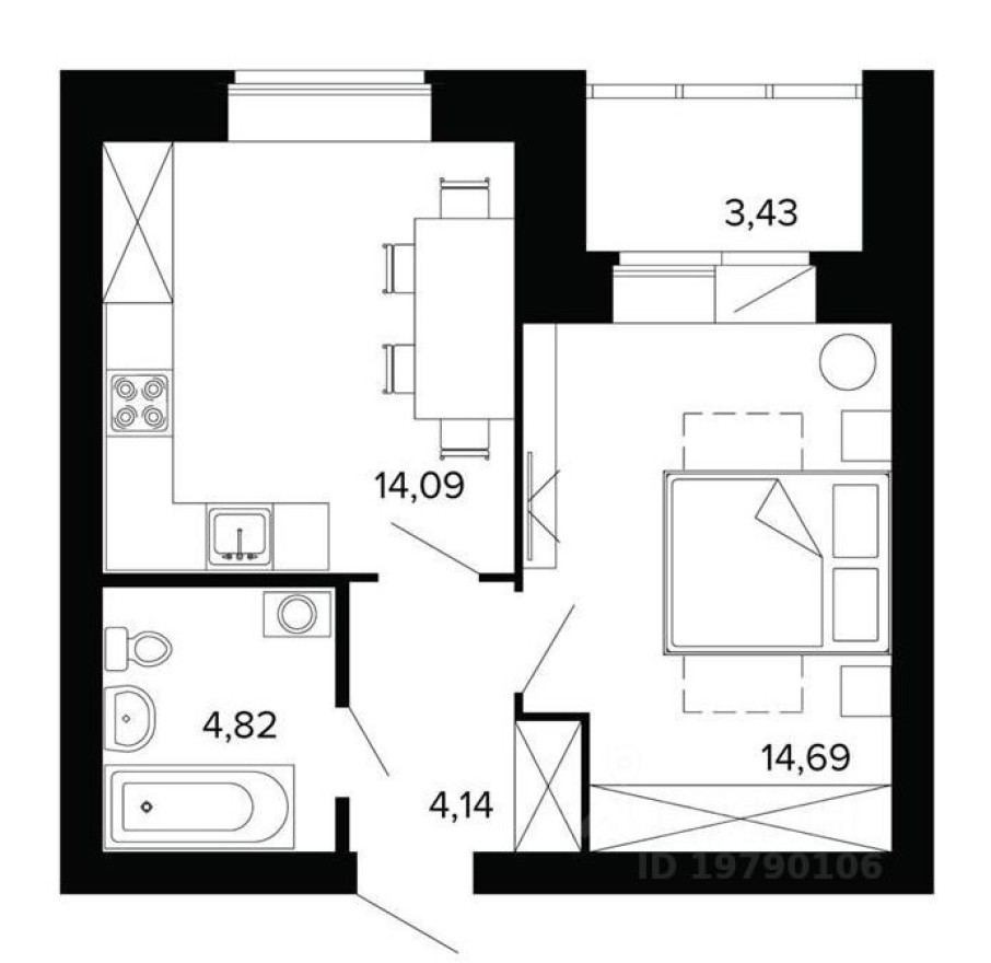 1к. квартира, 41.3 м²