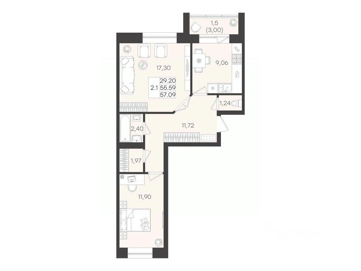 2к. квартира, 57.3 м²