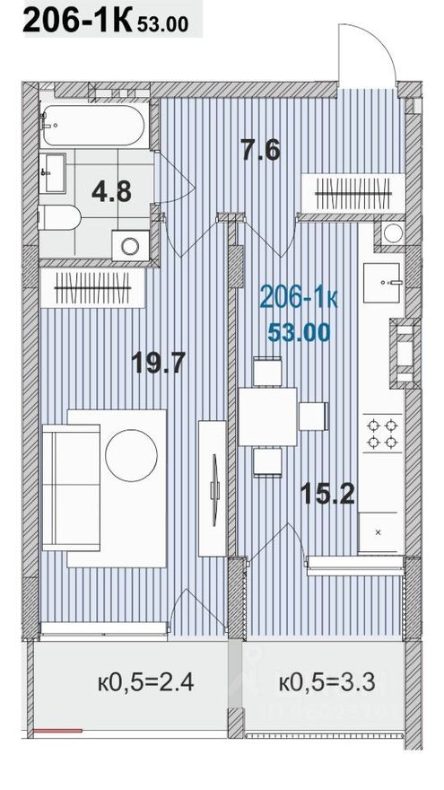 1к. квартира, 53.0 м²