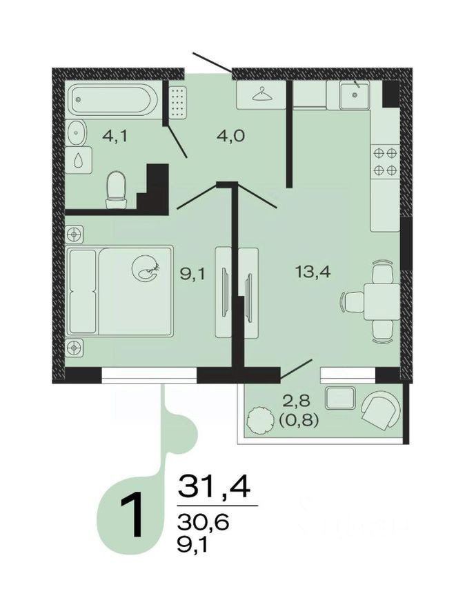 1к. квартира, 31.4 м²