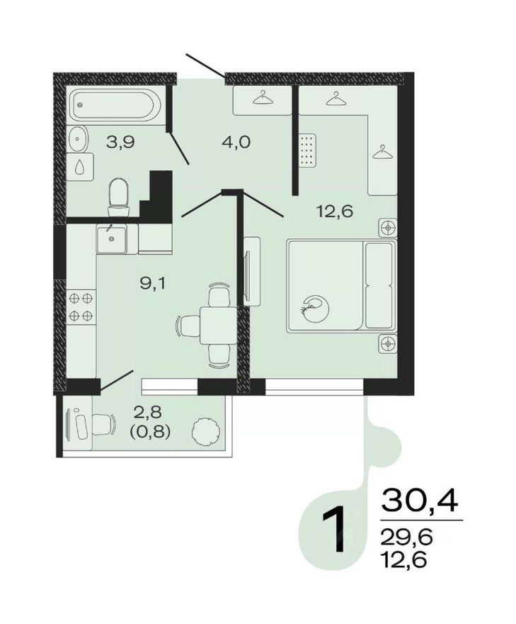 1к. квартира, 30.4 м²