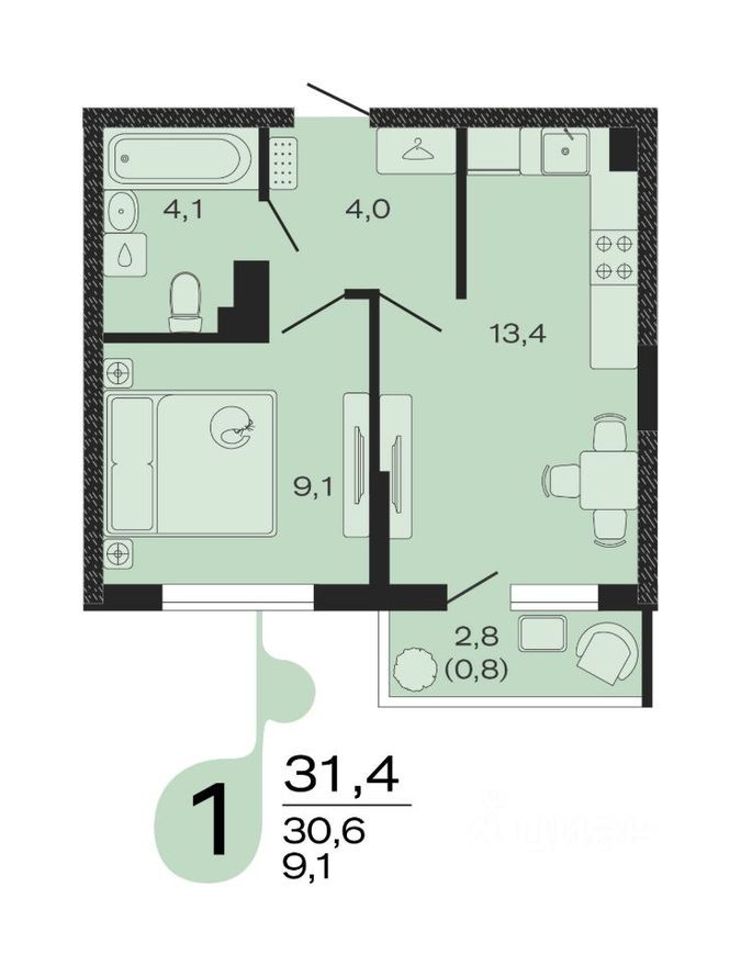 1к. квартира, 31.4 м²