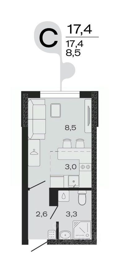 1к. квартира, 17.4 м²