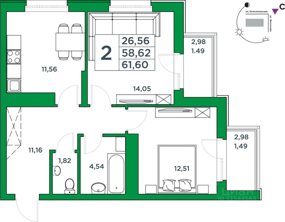 2к. квартира, 58.6 м²