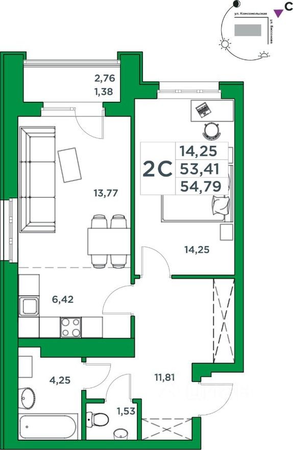 1к. квартира, 53.4 м²