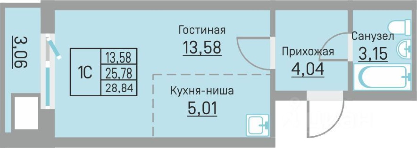 1к. квартира, 28.8 м²